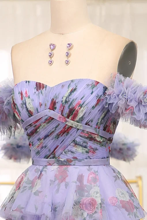 A-line Lavendar Printed Convertible Off the Shoulder Long Tiered Prom Dress