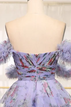 A-line Lavendar Printed Convertible Off the Shoulder Long Tiered Prom Dress