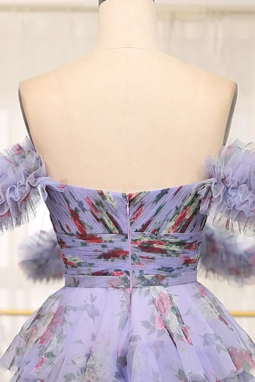 A-line Lavendar Printed Convertible Off the Shoulder Long Tiered Prom Dress
