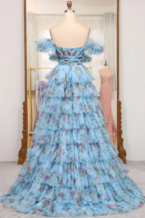 A-line Lavendar Printed Convertible Off the Shoulder Long Tiered Prom Dress