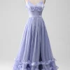 A-Line Lavender Spaghetti Strap Long Prom Dress with Ruffles