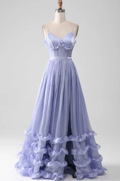 A-Line Lavender Spaghetti Strap Long Prom Dress with Ruffles