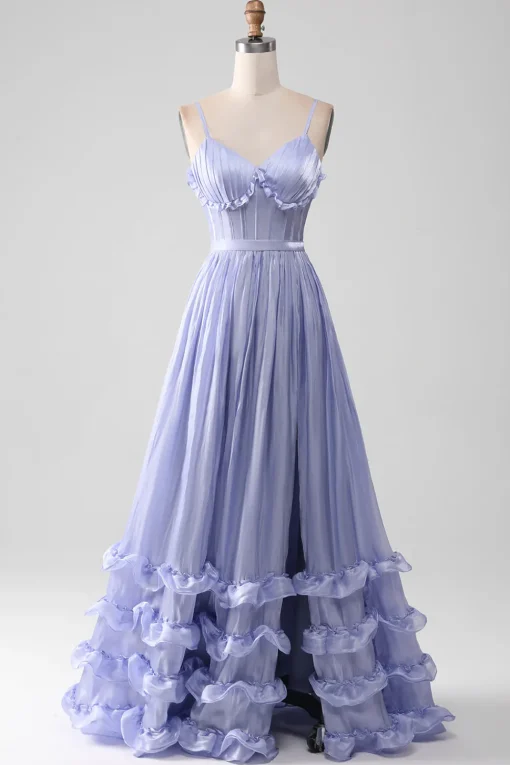 A-Line Lavender Spaghetti Strap Long Prom Dress with Ruffles