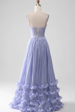 A-Line Lavender Spaghetti Strap Long Prom Dress with Ruffles