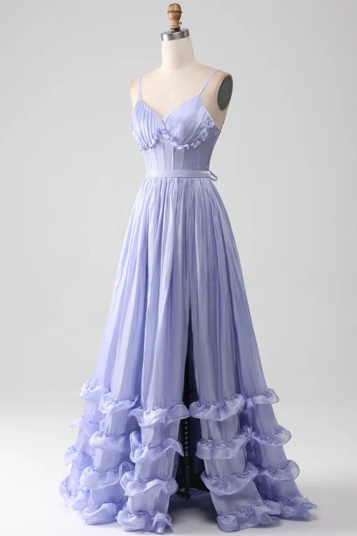 A-Line Lavender Spaghetti Strap Long Prom Dress with Ruffles
