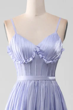 A-Line Lavender Spaghetti Strap Long Prom Dress with Ruffles