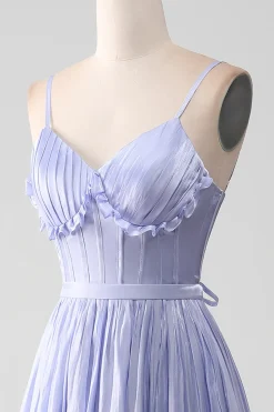 A-Line Lavender Spaghetti Strap Long Prom Dress with Ruffles
