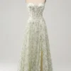 A-Line Light Green Corset Prom Dress with Embroidery
