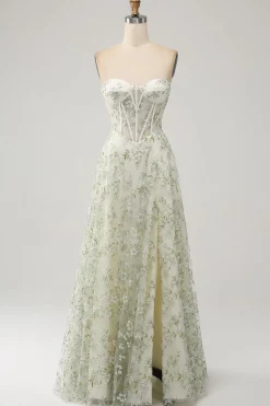 A-Line Light Green Corset Prom Dress with Embroidery