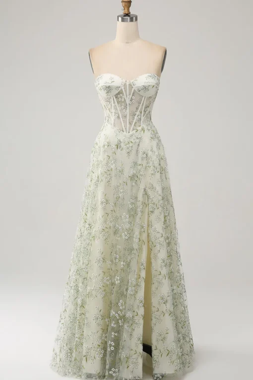 A-Line Light Green Corset Prom Dress with Embroidery