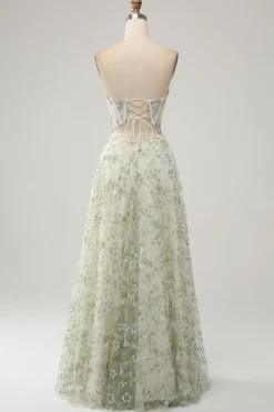 A-Line Light Green Corset Prom Dress with Embroidery