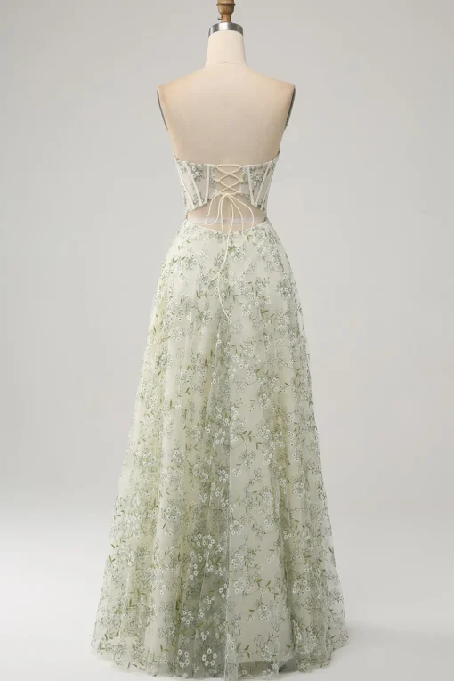 A-Line Light Green Corset Prom Dress with Embroidery