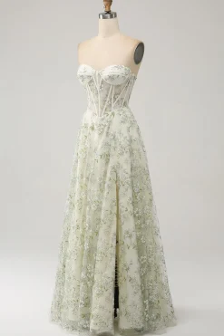 A-Line Light Green Corset Prom Dress with Embroidery