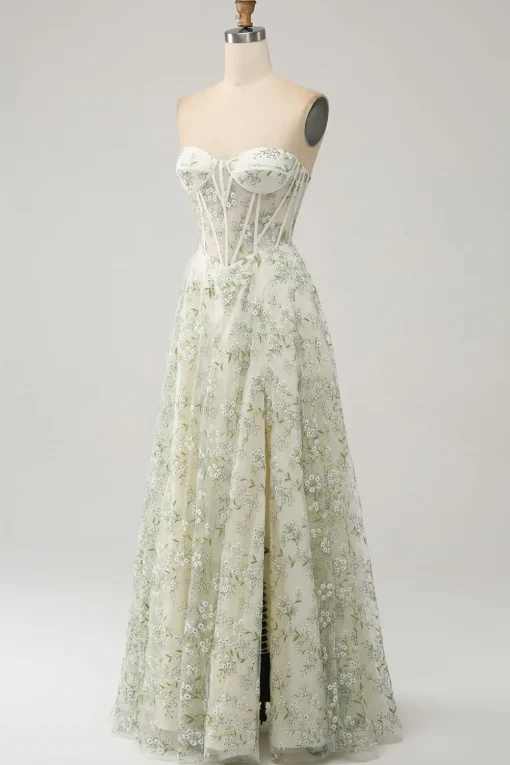 A-Line Light Green Corset Prom Dress with Embroidery