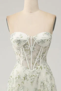 A-Line Light Green Corset Prom Dress with Embroidery