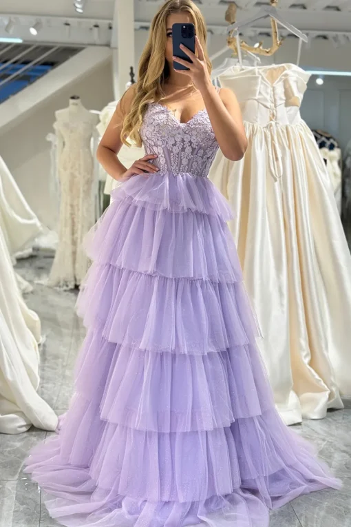 A-line Lilac Spaghetti Straps Tiered Long Prom Dress with Appliques