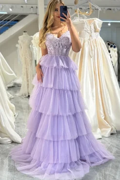 A-line Lilac Spaghetti Straps Tiered Long Prom Dress with Appliques