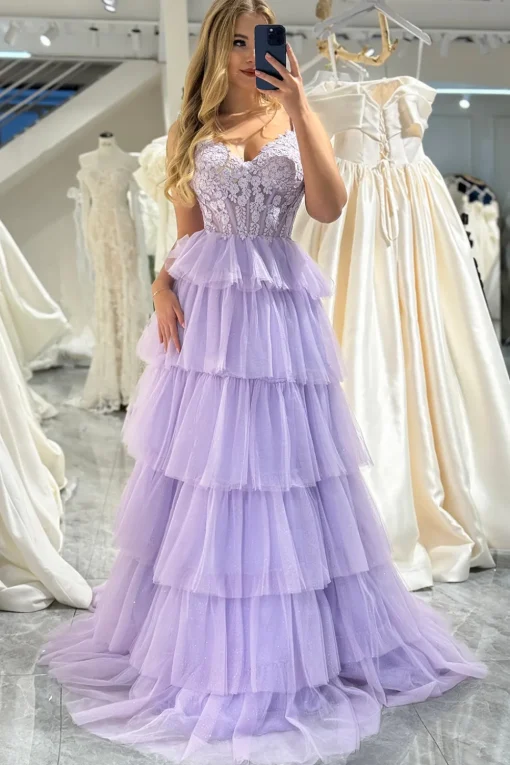 A-line Lilac Spaghetti Straps Tiered Long Prom Dress with Appliques