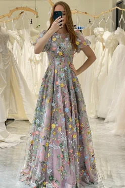 A-Line Mauve Round Neck Prom Dress with Appliques