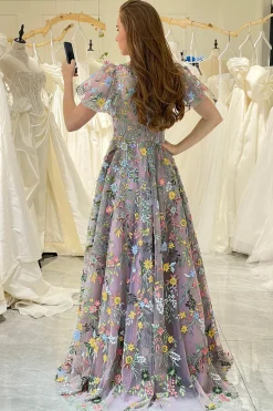 A-Line Mauve Round Neck Prom Dress with Appliques