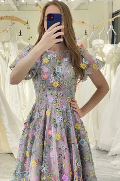 A-Line Mauve Round Neck Prom Dress with Appliques