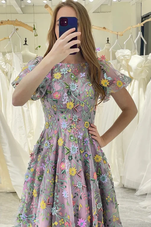 A-Line Mauve Round Neck Prom Dress with Appliques