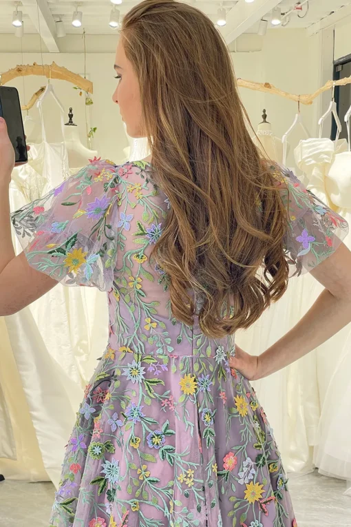 A-Line Mauve Round Neck Prom Dress with Appliques