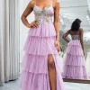 A-Line Mauve Spaghetti Straps Tulle Corset Prom Dress with Slit