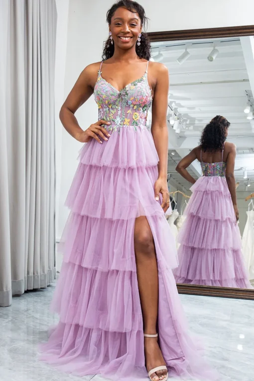 A-Line Mauve Spaghetti Straps Tulle Corset Prom Dress with Slit