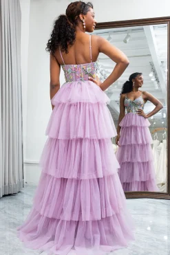 A-Line Mauve Spaghetti Straps Tulle Corset Prom Dress with Slit