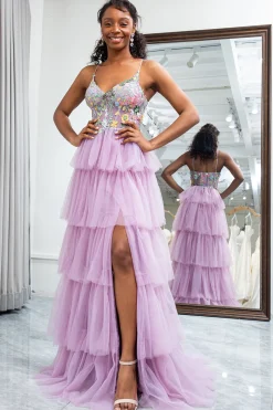 A-Line Mauve Spaghetti Straps Tulle Corset Prom Dress with Slit