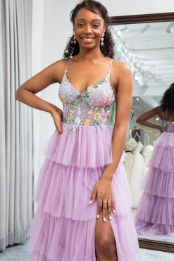 A-Line Mauve Spaghetti Straps Tulle Corset Prom Dress with Slit