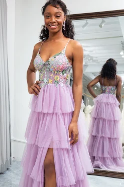 A-Line Mauve Spaghetti Straps Tulle Corset Prom Dress with Slit