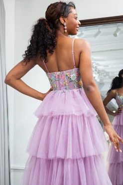 A-Line Mauve Spaghetti Straps Tulle Corset Prom Dress with Slit
