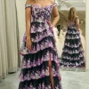 A-line Off the Shoulder Black Pink Tiered Corset Prom Dress with Split