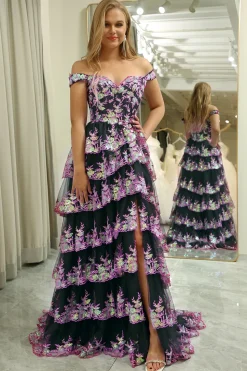 A-line Off the Shoulder Black Pink Tiered Corset Prom Dress with Split