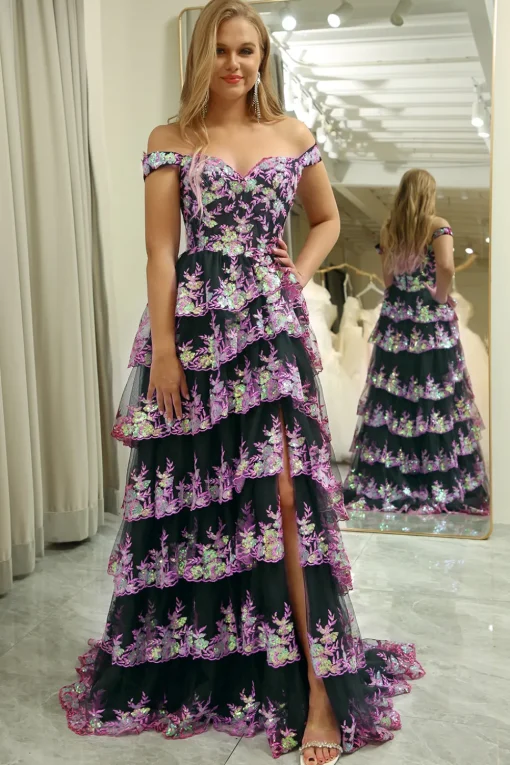 A-line Off the Shoulder Black Pink Tiered Corset Prom Dress with Split