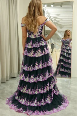 A-line Off the Shoulder Black Pink Tiered Corset Prom Dress with Split