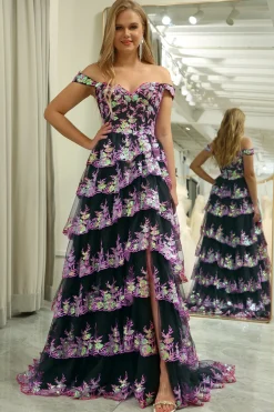 A-line Off the Shoulder Black Pink Tiered Corset Prom Dress with Split
