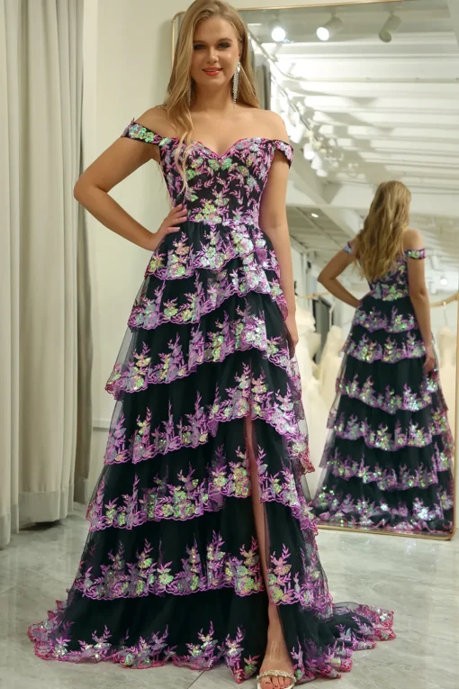 A-line Off the Shoulder Black Pink Tiered Corset Prom Dress with Split