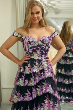 A-line Off the Shoulder Black Pink Tiered Corset Prom Dress with Split