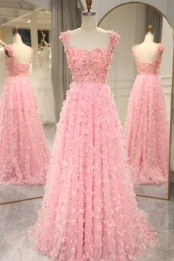 A-line Off The Shoulder Pink Long Bridesmaid Dress with 3D Flowers