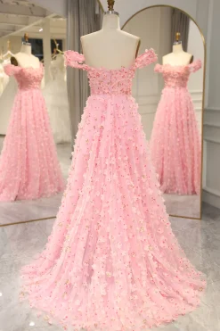 A-line Off The Shoulder Pink Long Bridesmaid Dress with 3D Flowers