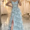 A-line  Off the Shoulder Silver Corset Prom Dress with Split