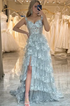 A-line  Off the Shoulder Silver Corset Prom Dress with Split