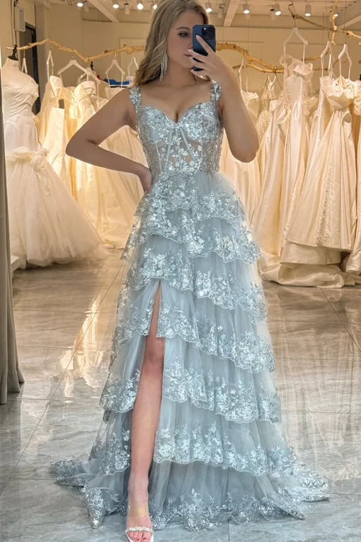 A-line  Off the Shoulder Silver Corset Prom Dress with Split