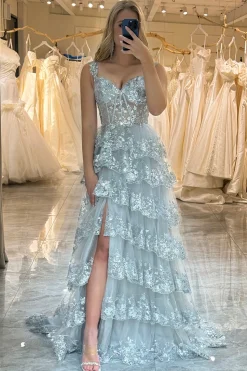A-line  Off the Shoulder Silver Corset Prom Dress with Split