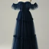 A-Line Off the Shoulder Sweetheart Tulle Navy Long Prom Dress