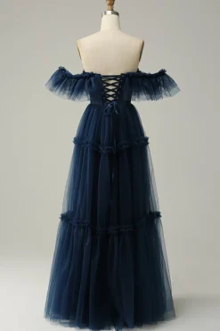 A-Line Off the Shoulder Sweetheart Tulle Navy Long Prom Dress