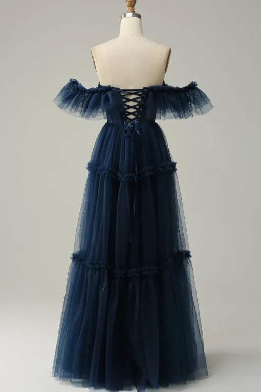 A-Line Off the Shoulder Sweetheart Tulle Navy Long Prom Dress